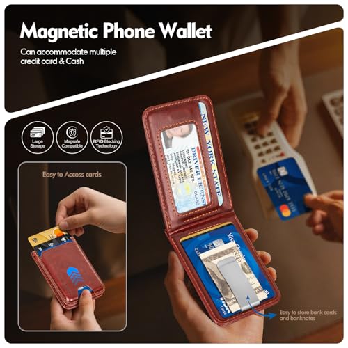 Shieldtop RFID Blocking MagSafe Wallet Stand with Card Holder,5 Card Slots & ID Window,PU Leather Magnetic Adjustable Kickstand for iPhone 12/13/14/15/16/17 Pro Max & Air Plus Series,Brown - color: Brown