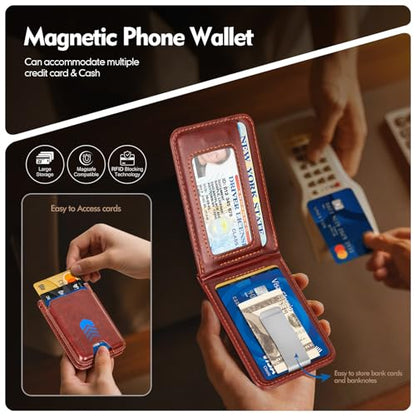 Shieldtop RFID Blocking MagSafe Wallet Stand with Card Holder,5 Card Slots & ID Window,PU Leather Magnetic Adjustable Kickstand for iPhone 12/13/14/15/16/17 Pro Max & Air Plus Series,Brown - color: Brown