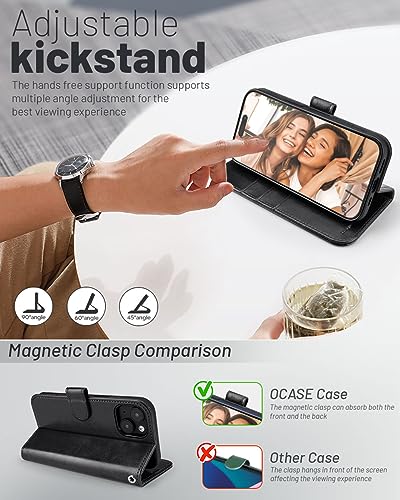 OCASE Compatible with iPhone 15 Wallet Case, PU Leather Flip Folio Case with Card Holders RFID Blocking Kickstand [Shockproof TPU Inner Shell] Phone Cover 6.1 Inch 2023, Black - color: Black
