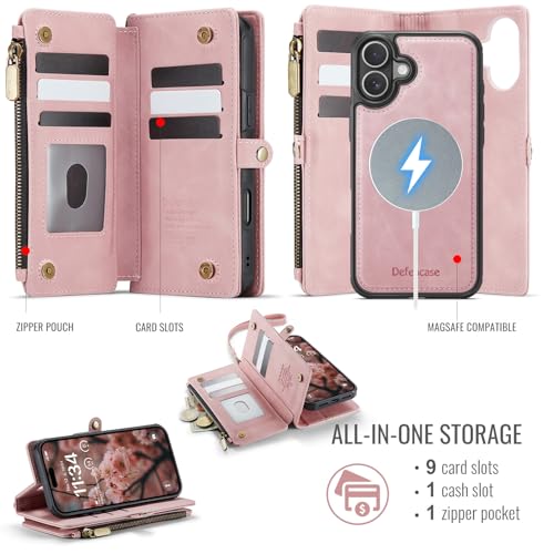 Defencase for iPhone 17 Phone Case Wallet Compatible with Magsafe, Rosepink | Magnetic Detachable, Drop-Proof Protective Wallet Cases Cover, with RFID Bolcking Card Holder, Zipper Strap, Soft PU Leather - color: (Detachable with Magsafe)-Pink