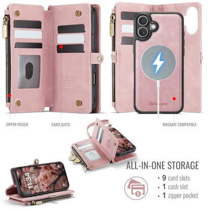 Defencase for iPhone 17 Phone Case Wallet Compatible with Magsafe, Rosepink | Magnetic Detachable, Drop-Proof Protective Wallet Cases Cover, with RFID Bolcking Card Holder, Zipper Strap, Soft PU Leather - color: (Detachable with Magsafe)-Pink