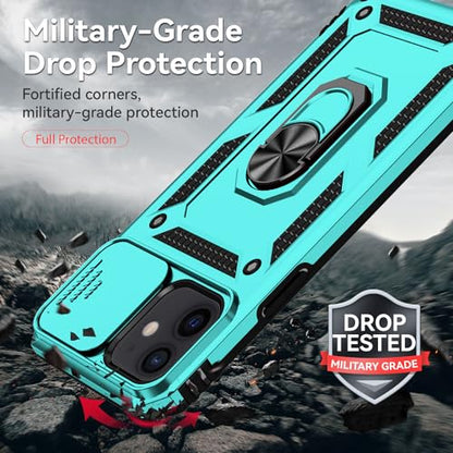 for iPhone 12 Mini Case with Camera Lens Cover HD Screen Protector, Dual Layer Military Grade Drop Protection Magnetic Ring Holder Kickstand Protective Phone Case for iPhone 12 Mini 5.4 inch (Mint) - color: Mint with camera cover Military-Grade 2nd gen