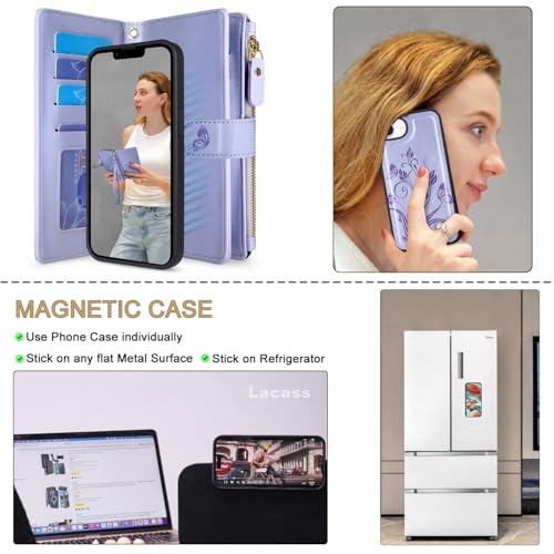 Case Wallet Compatible with iPhone 16e/17e, [12 Card Slots] ID Credit Cash Holder Zipper Pocket Detachable Leather Wallet Cover with Wrist Strap Lanyard（Floral Light Purple） - color: Floral Light Purple