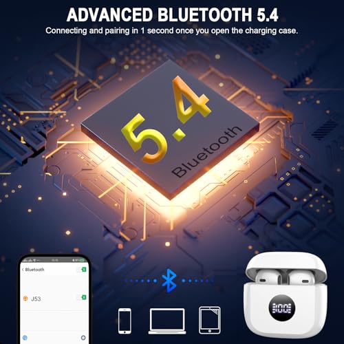 Wireless Earbuds, Bluetooth 5.4 Ear Buds, LED Power Display, 6D Bass Stereo - color: Pearl White