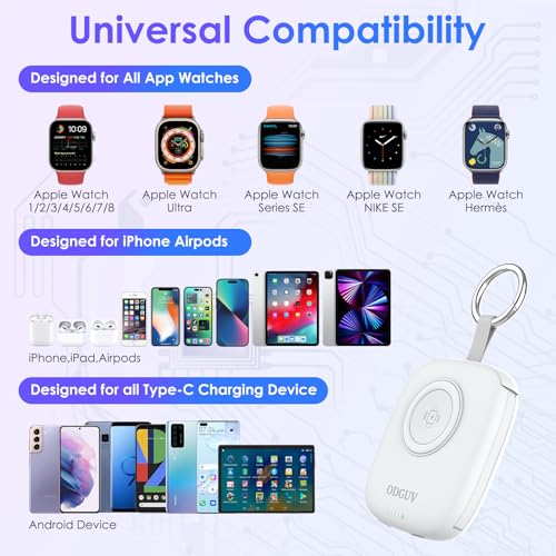 Small Portable Charger 5000mAh,iWatch Wireless Charger Mini Power Bank with Built-in Cable,Travel Keychain Charger for Apple Watch 11/10/9/8/Ultra/7/6/Se/5/4,iPhone 17/16/15/14/13/12,Android Phone - color: White