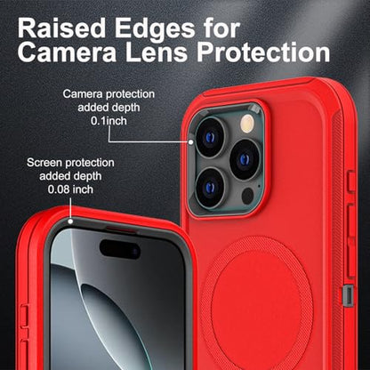 YKHJKLEC for iPhone 16 Pro Case, Compatible with Magsafe, Military Grade 3 in 1 Heavy Duty Shockproof/Drop Proof/Dust Proof Case with 2Pcs Tempered Glass Screen Protector (New-Red/Black) - color: New-Red/Black