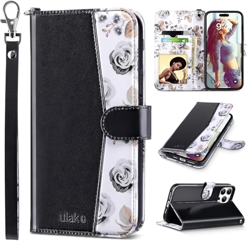 ULAK Compatible with iPhone 16 Pro Wallet Case Card Holder, Black Flower | [RFID Blocking] PU Leather Case with Kickstand Card Slots Wrist Strap, Durable Shockproof Protective Cover 6.3 Inch - color: Black, size: iPhone 16 Pro - 6.3 inch