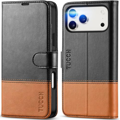 TUCCH Wallet Case for iPhone 17 Pro Max (6.9"), Flip Stand, Black & Brown | RFID Blocking, 4 Card Holders, Kickstand, PU Leather, Shockproof TPU Shell, Magnetic Closure, Protective Folio Cover - color: Two-tone Black & Brown