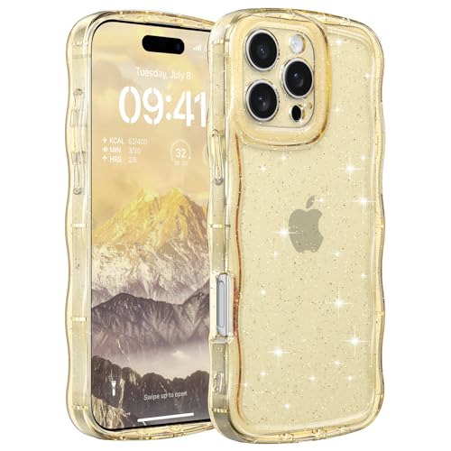 FABSPARK for iPhone 13 Pro Max,Glitter Wavy Clear PC Case,Clear Yellow | Cute Curly Wave | Non-Yellowing Transparent Acrylic | Case with Sparkly Bling for iPhone 13 Pro Max,Glitter Clear Yellow - color: Glitter Clear Yellow, size: for iPhone 13 Pro Max