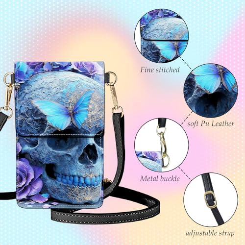 Small Crossbody Bags for Women Touchscreen Cell Phone Bag Cross Body Purses with adjustable Strap,Gifts For Teenage Girls - color: Blue Skull Butterfly