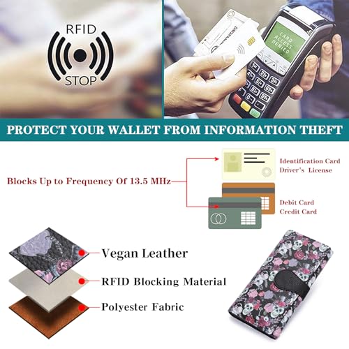 GOIACII Women's Wallet RFID Blocking Large Capacity Card Holder Ladies Phone Clutch Travel Long Purse Skull Goth - color: Z01 Skull Goth Black