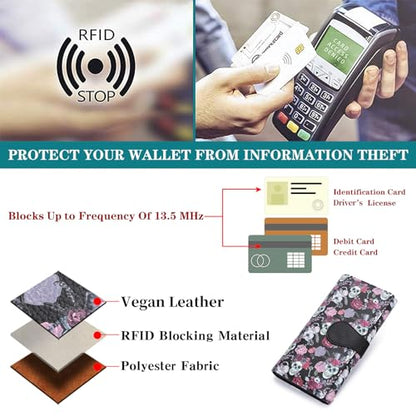 GOIACII Women's Wallet RFID Blocking Large Capacity Card Holder Ladies Phone Clutch Travel Long Purse Skull Goth - color: Z01 Skull Goth Black