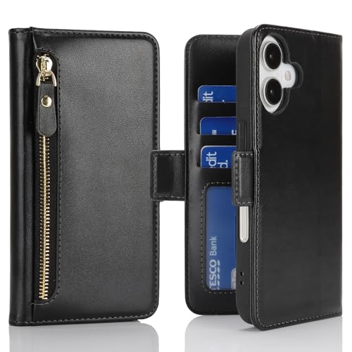 Ｈａｖａｙａ for iPhone 16 case Wallet with Card Holder Zipper for Women Men PU Leather Flip Folio Credit Card Slots Stand Shockproof Phone Cover(6.1")-Black - color: Black-A