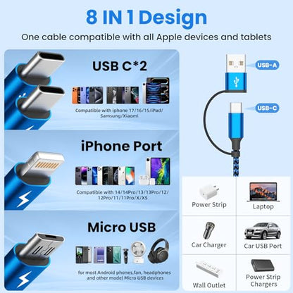 4 in 2 Multi Charging Cable, USBA/C Universal Charging Cords 2 Pack 5FT - color: Dark Blue