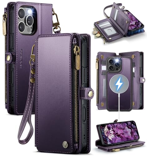 Defencase for iPhone 16 Pro Max Case Wallet Compatible with Magsafe, Purple | Drop-Proof Magnetic Detachable Phone Cases Cover, with RFID Bolcking Card Holder, Zipper Strap, PU Leather, Removable Wallet - color: (Detachable with Magsafe)-Purple