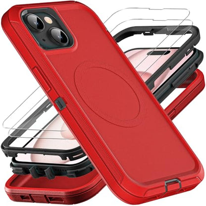 YKHJKLEC for iPhone 15 Case, Compatible with Magsafe, Military Grade 3 in 1 Heavy Duty Shockproof/Drop Proof/Dust Proof Case with 2Pcs Tempered Glass Screen Protector (New-Red/Black) - color: New-Red/Black