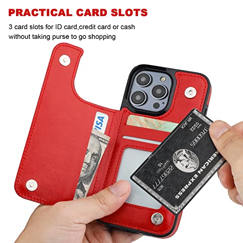 ONETOP for iPhone 14 Pro Wallet Case with Credit Card Holder,Red | Kickstand,ID/Cash Holder,Case Wallet with Card Slots,Double Magnetic Clasp,Durable PU Leather Shockproof Cover for Women Men - color: Red