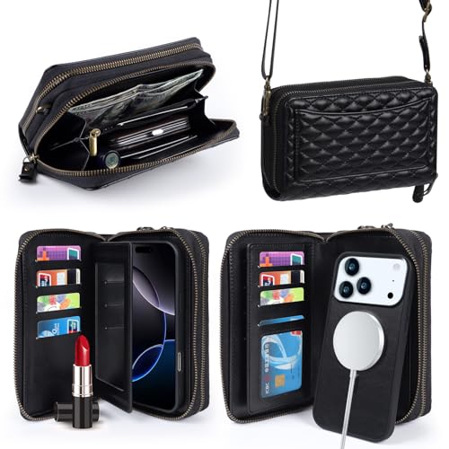 Harryshell Compatible with iPhone 17 Pro Max Case Wallet Multi Zipper Detachable Removable Cover Purse with RFID Blocking Card Slots Holder Mirror Crossbody Strap (Compatible with Magsafe - Black) - color: Compatible with Magsafe - Black, size: iPhone 17