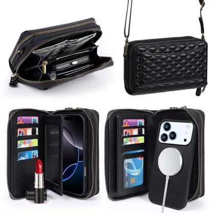 Harryshell Compatible with iPhone 17 Pro Max Case Wallet Multi Zipper Detachable Removable Cover Purse with RFID Blocking Card Slots Holder Mirror Crossbody Strap (Compatible with Magsafe - Black) - color: Compatible with Magsafe - Black, size: iPhone 17