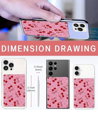 Phone Card Holder, Dual Pocket Leather Phone Wallet Adhesive Stick On, Cute Card Holder, Credit Card Holder for Phone Case Pink Cherry Pow - color: Pink Cherry Pow