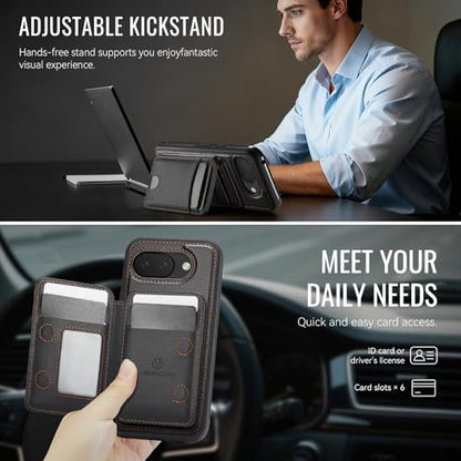 Wallet Case for Google Pixel 10a Compatible with MagSafe for Men Women, 2 in 1 Detachable Magnetic Phone Case with Card Holder Kickstand RFID Blocking for Pixel 10a (Black) - color: Black