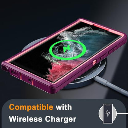 for Samsung Galaxy S22 Ultra Case with 2Pcs Self Healing Flexible TPU Screen Protector & Camera Lens Protector, 3 in 1 Heavy Duty Shockproof/Drop Proof/Dust Proof Case (Wine Red/Rose Pink) - color: Wine Red/Rose Pink
