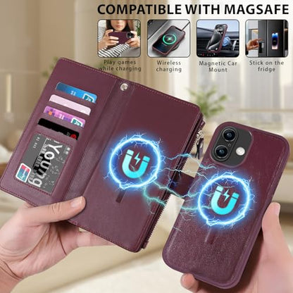 for iPhone 17 Case Wallet,Compatible with MagSafe 2 in 1 Magnetic Detachable PU Leather RFID Blocking Wallet Cover Card Holder Zipper Wrist Strap Lanyard,Quilted Wine Red - color: Quilted Wine Red, size: iPhone 17