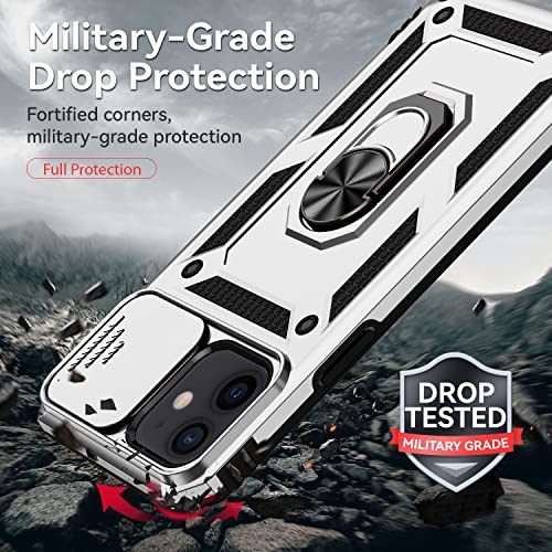 for iPhone 12 Mini Case with Camera Lens Cover HD Screen Protector, Dual Layer Military Grade Drop Protection Magnetic Ring Holder Kickstand Protective Phone Case for iPhone 12 Mini 5.4 inch (Silver) - color: Silver with camera cover Military-Grade 2nd ge