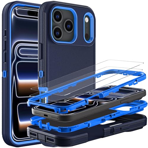 YKHJKLEC for iPhone 17 Pro Case, Military Grade 3 in 1 Heavy Duty Shockproof/Drop Proof/Dust Proof Case with 2Pcs Tempered Glass Screen Protector (Navy Blue) - color: Navy Blue