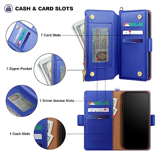 Antsturdy for iPhone 14 Phone Wallet Case Women,Purple Blue | RFID Blocking,with Credit Card Holder Slots,PU Leather Purse,Zipper Pocket,Wrist Strap Kickstand,Flip Folio Cover for Men - color: Purple Blue