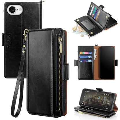Antsturdy for iPhone 6/6S/7/8/SE 2020/SE 2022 Phone Wallet Case Women,Black | RFID Blocking,with Credit Card Holder Slots,PU Leather Purse,Zipper Pocket,Wrist Strap Kickstand,Flip Folio Cover for Men - color: Black