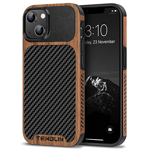 TENDLIN Compatible with iPhone 14 Plus Case Wood Grain with Carbon Fiber Texture Design Leather Hybrid Slim Case Black - color: Black, size: iPhone 14 Plus