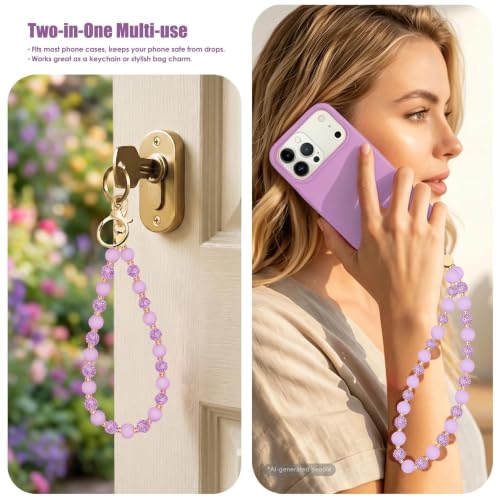 Food-Grade Silicone Phone Wrist Strap with Tether Tab/Clip, Sparkling Bead Phone Lanyard/Phone Charm - color: Lavender