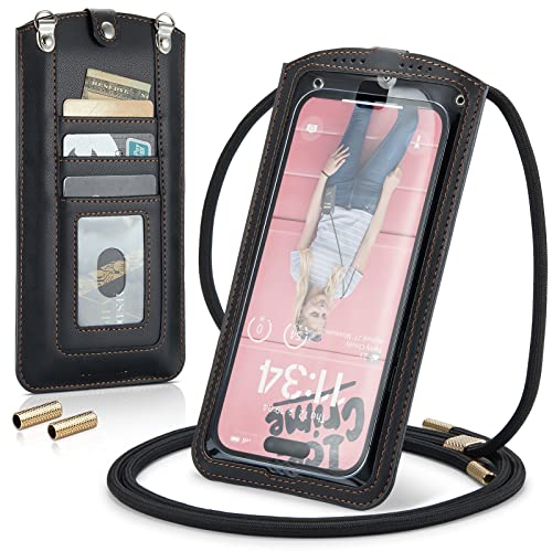 Small Crossbody Bag Cell Phone Purse for Women Men Leather Mini Shoulder Bag Wallet Case with Card Holder Slot Necklace Lanyard for All Phones iPhone Samsung Google up to 7.3" Black - color: Black