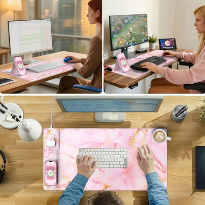 Wireless Charging Mouse Pad with Phone Holder, 31.5"x15.8" in, Pink Marble - color: Pink Marble-Phone Holder-31.5"x15.8"