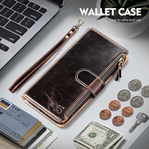 Shieldtop Compatible with Samsung Galaxy A37 5G Wallet Case with Card Holder,PU Leather Phone Case Flip Protective Cover Wrist Strap Zipper Credit Card Slots RFID Blocking Women Men,Coffee - color: Coffee