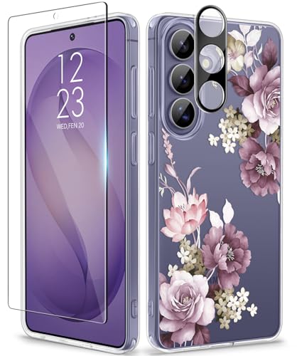 GVIEWIN for Samsung Galaxy S26 Plus Case, Clear Floral Slim Shockproof Protective Women Phone Case, Non-Yellowing, with Screen Protector&Camera Lens Protector for S26 Plus 6.7", Cherry Blossoms/Purple - color: Cherry Blossoms/Purple, size: For Galaxy S26