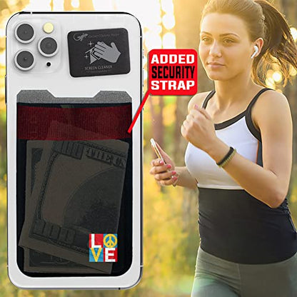 Phone Wallet - Adhesive Card Holder - Cell Phone Pouch - Stick on Lycra Pocket by Gecko - Carry Credit Cards and Cash - color: PEACE LOVE