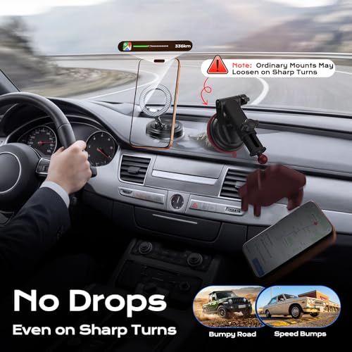 NeverDrop Car Mount for MagSafe [2 Bases for Any Surface | 118+LBS Ultra Grip | 2400gf Strong Magnetic] 360° Adjustable Car Phone Holder, Phone Holders for Your Car for All Smartphones, Carbon Fiber