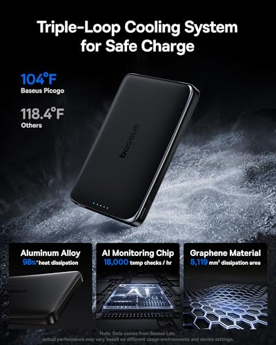 Baseus Picogo Power Bank, 0.5" Ultra Slim 10000mAh MagSafe Portable Charger, Upgraded CCC Certified 27W Fast Charging Magnetic Battery Pack, Alloy Wireless Charger for iPhone 17/16/15/14/13/12 - color: Polished Cosmic Black