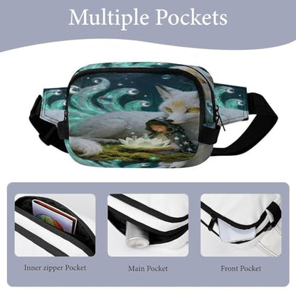 Nine-tailed Fox Fanny Packs for Women Men Double Layer Fashion Waist Pack Adjustable Belt Bag with Pockets Small Crossbody Bags for Running Hiking Workout Travel Daily Use