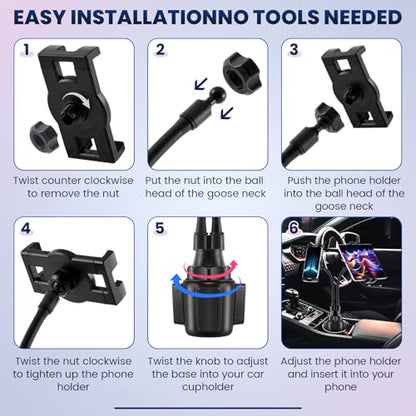 DaisyInner Dual Phone Holder for Car Cupholder, 360° Rotatable 4.7-10"