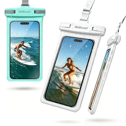 wellhouse Waterproof Phone Pouch, Waterproof Phone Case for iPhone17 16 15 14 13 Pro Max XS Samsung, IPX8 3D Cellphone Dry Bag Beach Essentials (2 Pack - Green & White7.0, 7 inch) - color: 2 Pack - Green & White7.0"
