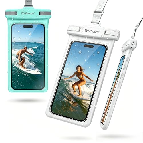 wellhouse Waterproof Phone Pouch, Waterproof Phone Case for iPhone17 16 15 14 13 Pro Max XS Samsung, IPX8 3D Cellphone Dry Bag Beach Essentials (2 Pack - Green & White7.0, 7 inch) - color: 2 Pack - Green & White7.0"