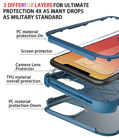 Diverbox for iPhone 11 Case [Shockproof] [Dropproof] [Tempered Glass Screen Protector],Heavy Duty Protection Phone Case Cover for Apple iPhone 11 (Blue-3in1) - color: Blue-3in1
