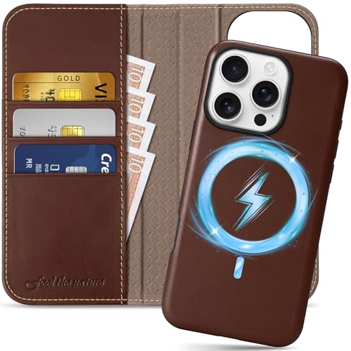 SHIELDON Detachable Leather Wallet Case for iPhone 16 Pro, Retro Coffee | Genuine Leather, Wireless Charging, Kickstand, Magnetic Closure, RFID Blocking, Credit Card Slot, Folio Shockproof Cover - color: Retro Coffee, size: for iPhone 16 Pro
