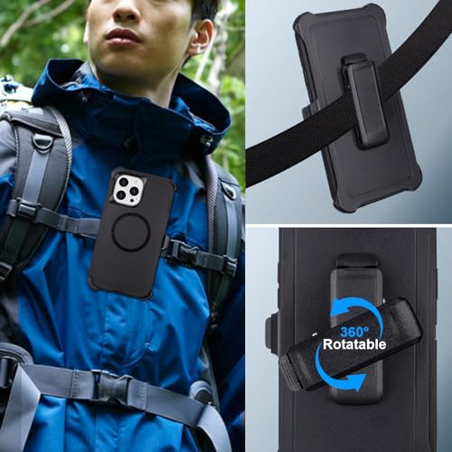 Magnetic for iPhone 13 Pro Max Case with Belt Clip Holster Kickstand, Black | Heavy Duty Military Grade Drop Protection Case for iPhone 13 Pro Max, 6.7", with 360°Rotating Kickstand - color: Black