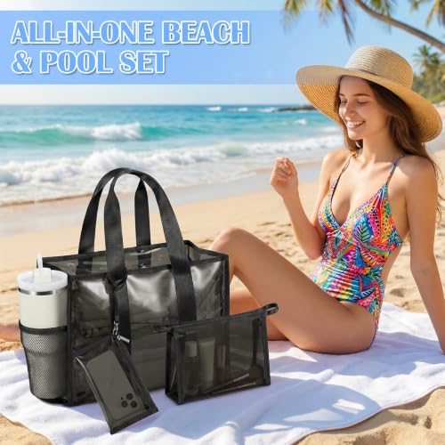 3-Piece Iridescent Beach Bag Set for Women, Large PVC Pool Bag Set | Includes Summer Beach Tote, Cosmetic Bag and Touchscreen Phone Pouch for Pool, Travel and Vacation - color: Black