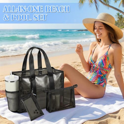 3-Piece Iridescent Beach Bag Set for Women, Large PVC Pool Bag Set | Includes Summer Beach Tote, Cosmetic Bag and Touchscreen Phone Pouch for Pool, Travel and Vacation - color: Black