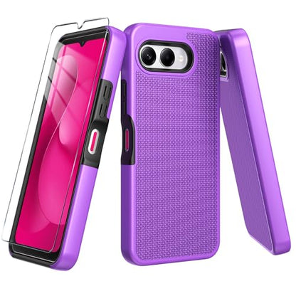 for T-Mobile REVVL 8 Phone Case with Tempered Glass Screen Protector,Dual Layer Heavy Duty Shockproof Protection Cover (Purple) - color: Purple